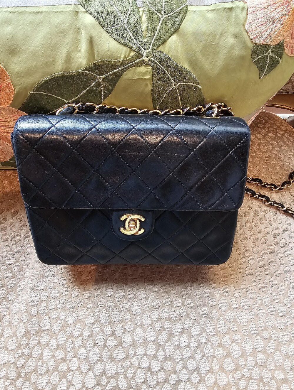 Authentic CHANEL Black Quilted Lambskin Shoulder Bag with Gold Hardware